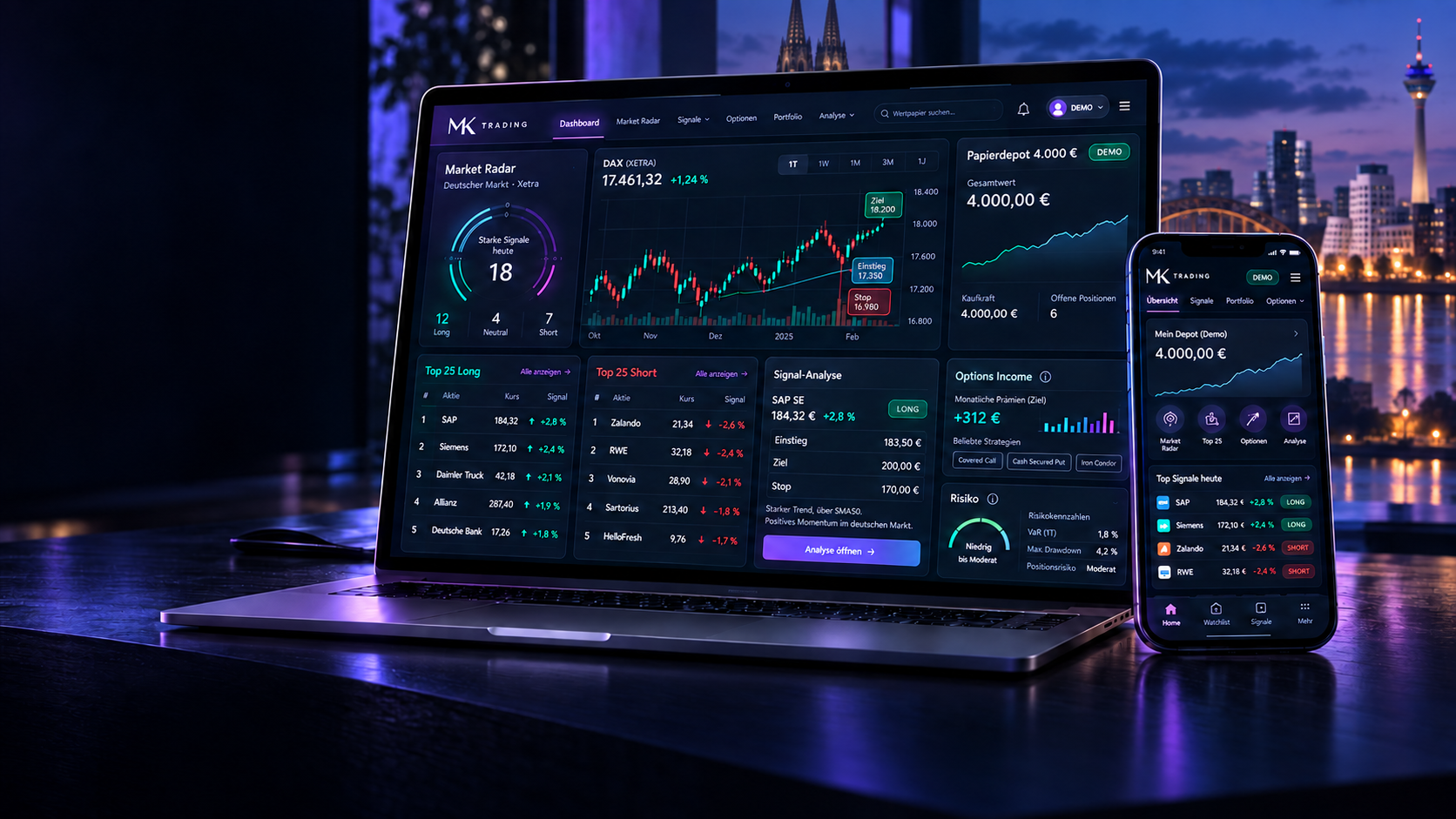 MK Trading auf Laptop und Smartphone vor einer künstlerisch kombinierten Skyline von Köln und Düsseldorf. Produktvisualisierung mit Beispieldaten.